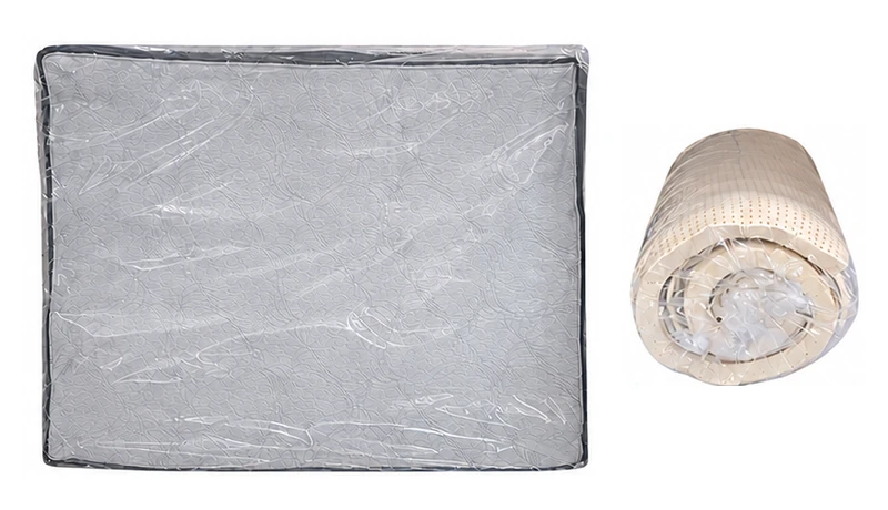 Queen-size springs-and-cover pack in plastic, beside a separate end view of the wrapped comfort-layer roll.
