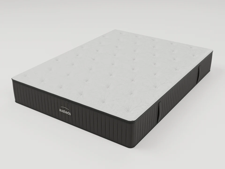 Finished mattress with a light quilted top, charcoal cover and centred white Ausbeds logo